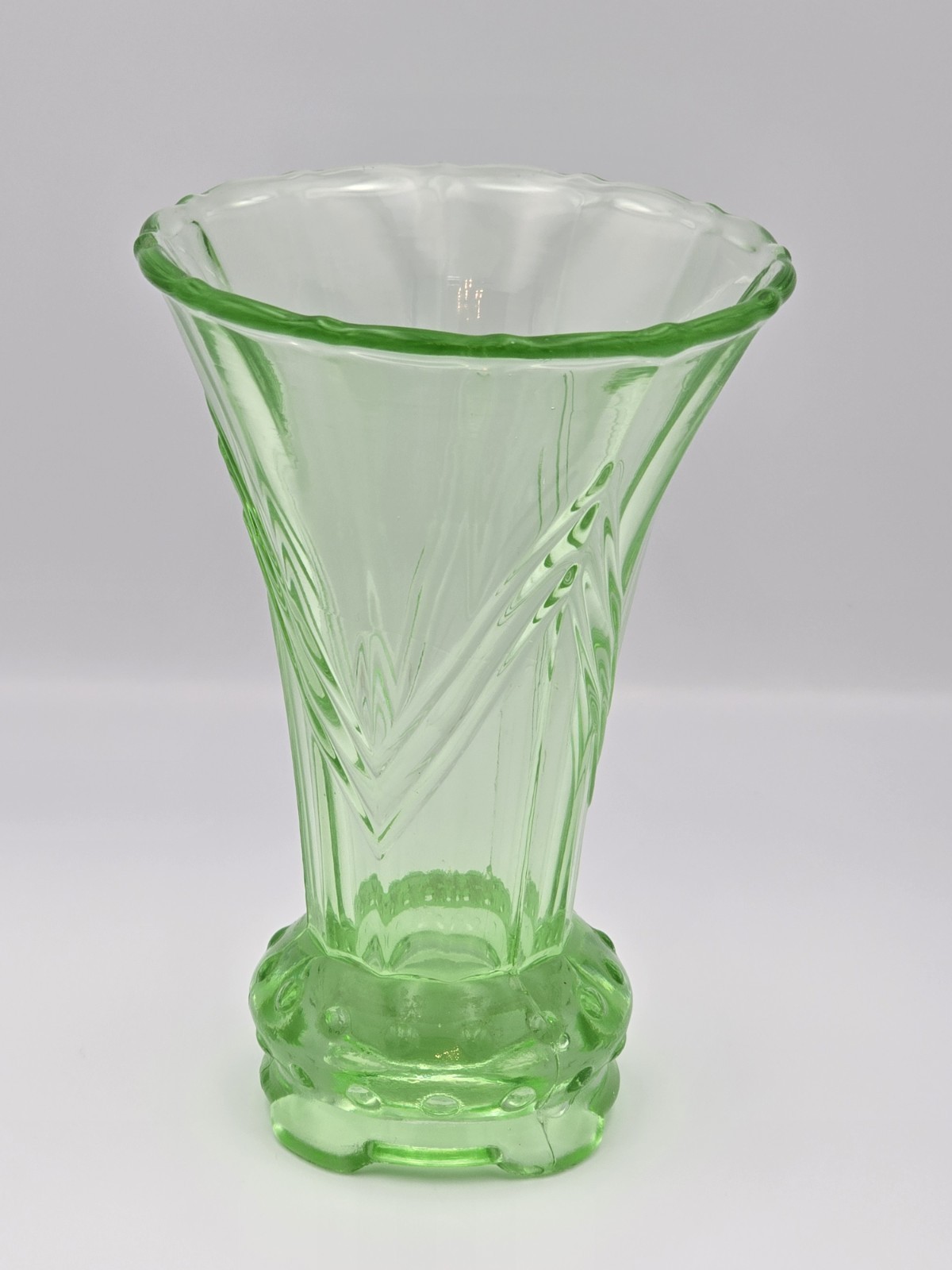 Green Uranium Fenton Art Deco Footed Vase Chevron 1930’s Rare