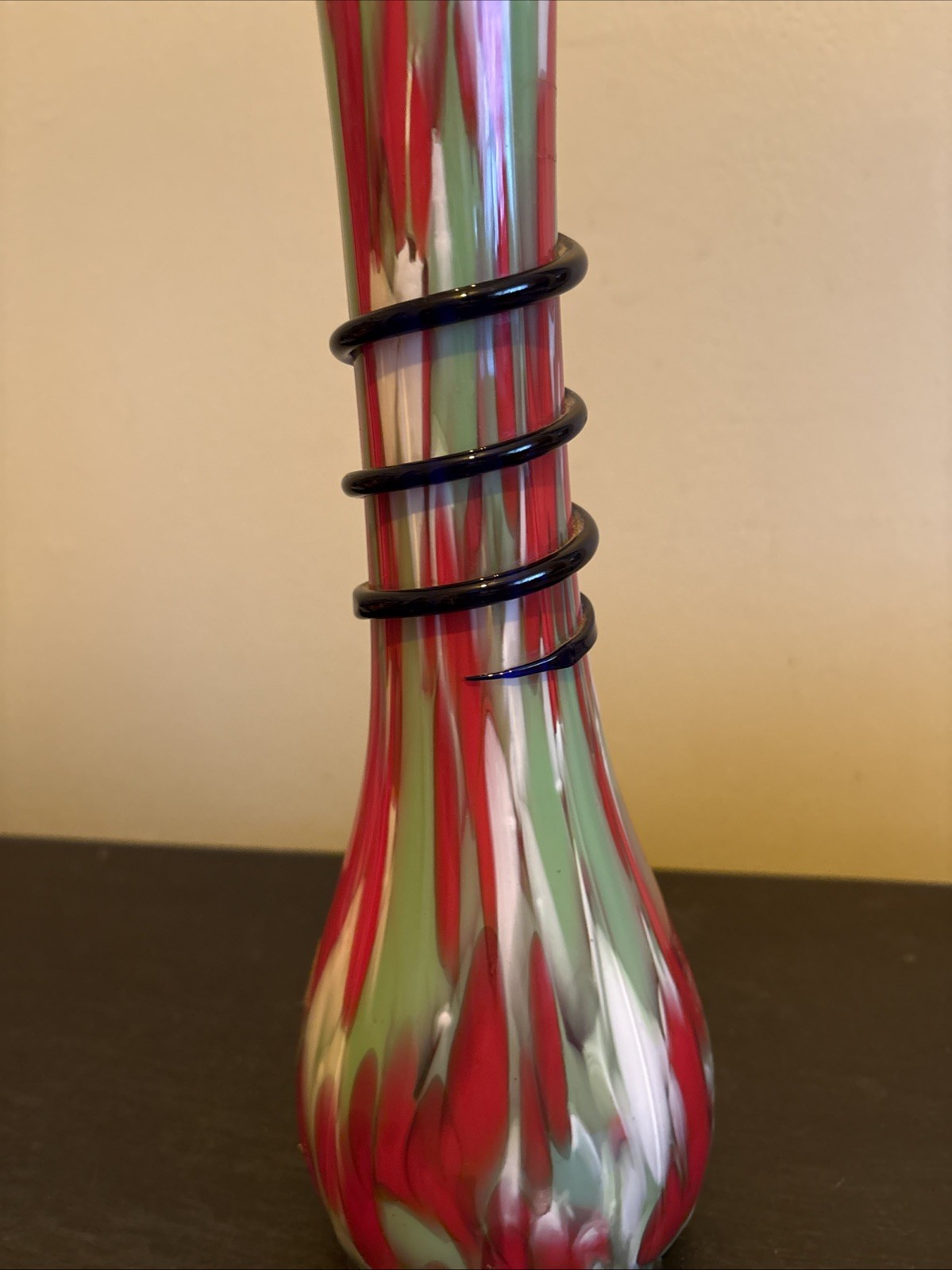 Czech Art Glass End Of Day Ribbed Serpentine Snake Coil Vase Red Green White 12”