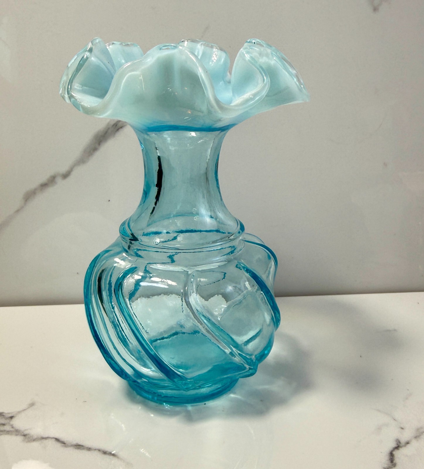 1970s Fenton Opalescent Wave Top Aqua Art Glass Vase Swirl Base Vintage
