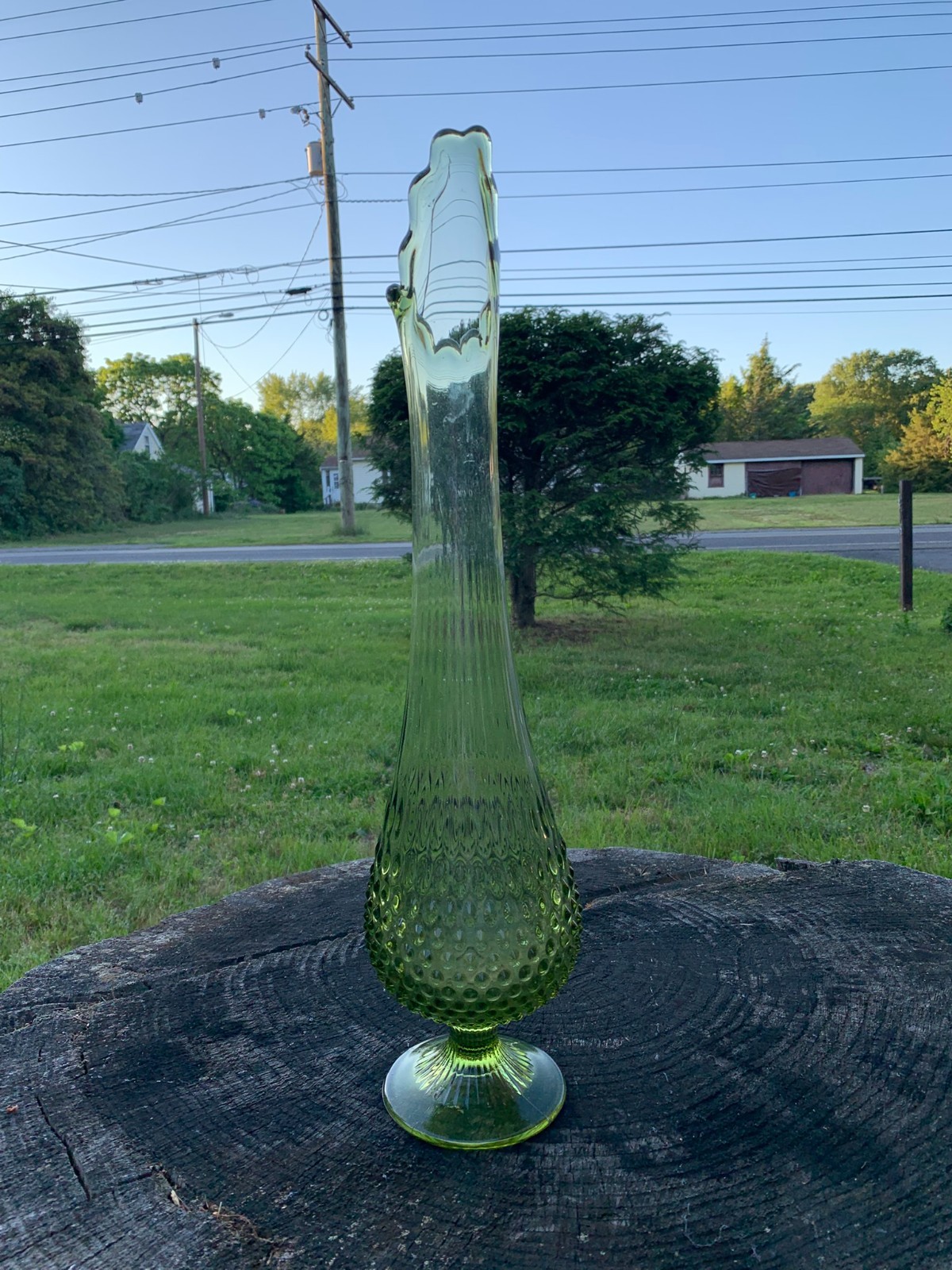 Fenton Colonial Green 22″ Swung Vase Glass MCM 1960’s Footed Hobnail Stretch VTG