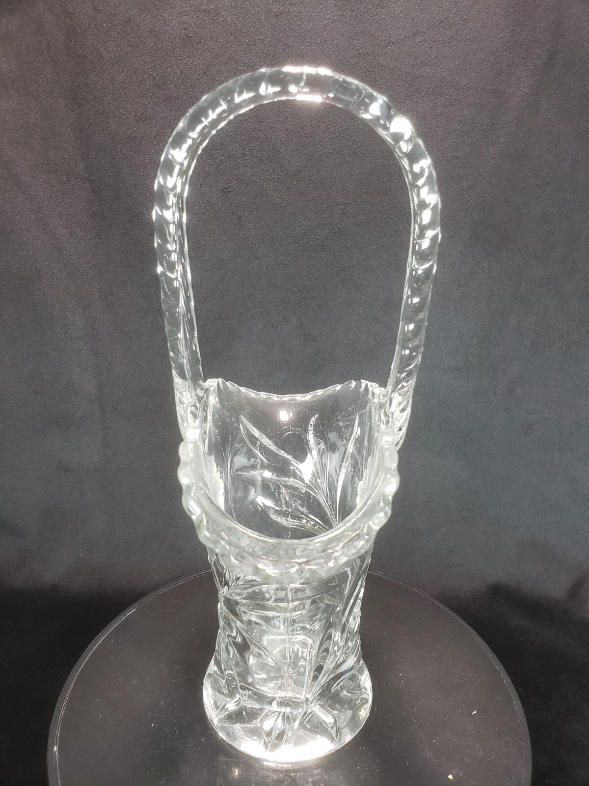 Antique Clear Glass Basket with Applied Handle 9.5″ Wheel Cut Etched Floral