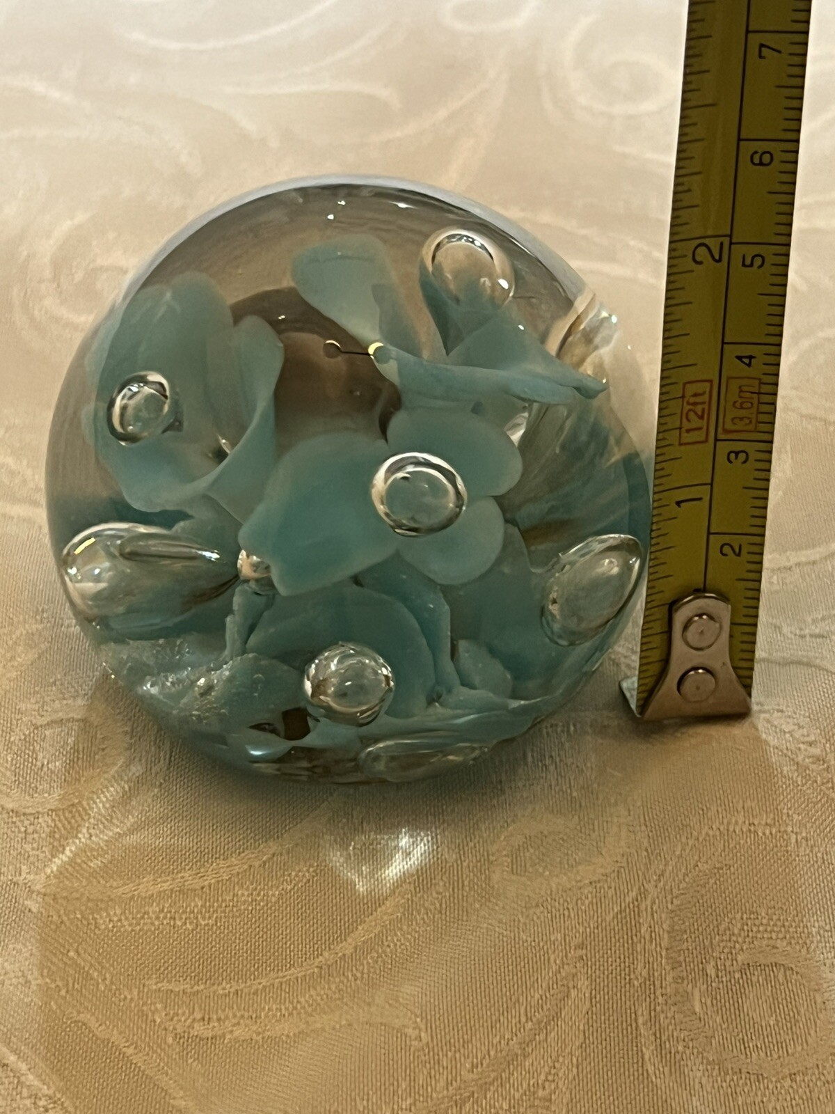 VTG JOE ST CLAIR Glass PAPERWEIGHT 3 1/4″ Signed Blue Floral Controlled Bubble