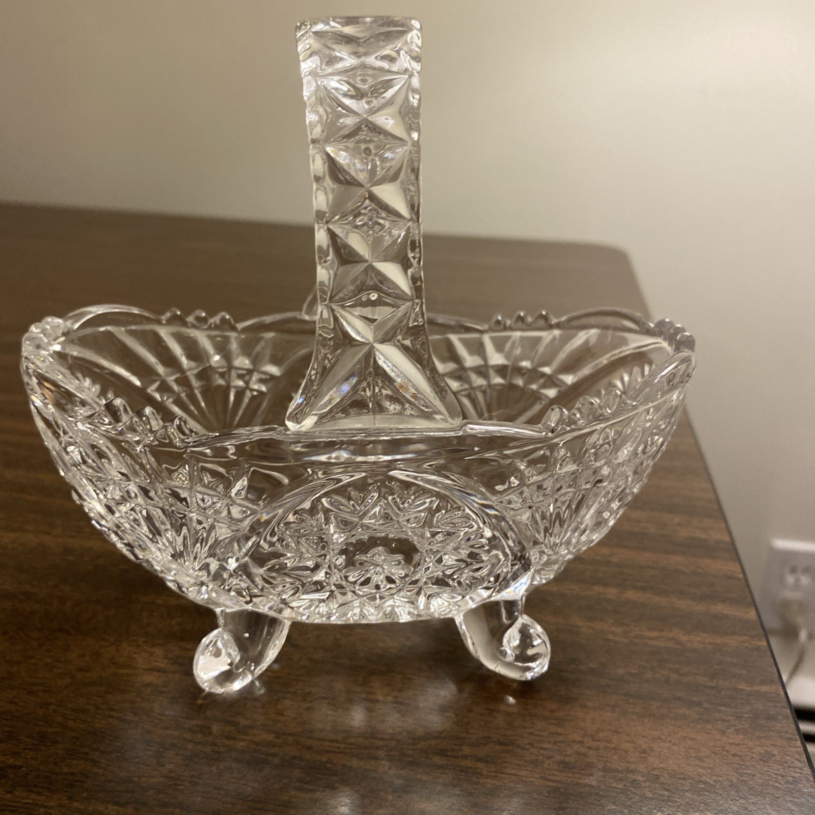 Vintage Candy Dish Basket Shaped Glass Bowl With Handle Cut Glass