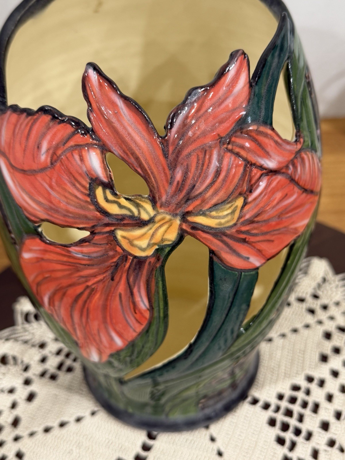 VTG Red Iris Reticulated Vase Arts & Crafts Revival Style Pottery
