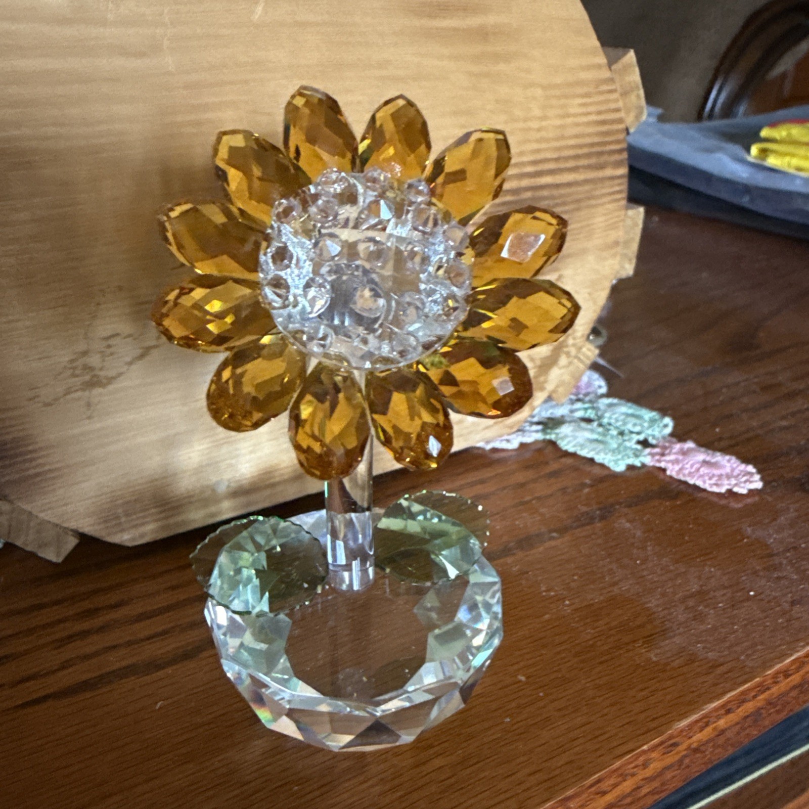 Vibrant Orange And Green Glass Crystal Sunflower Figurine With Clear Vase