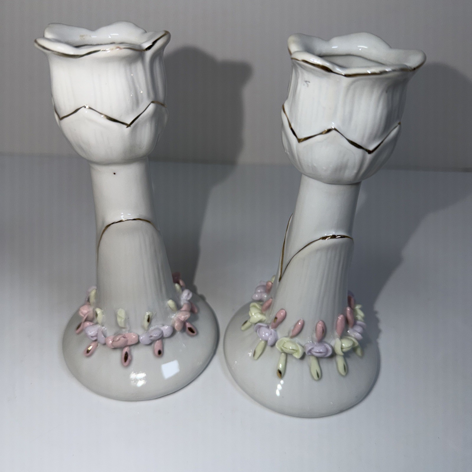 Vintage Porcelain Candlestick Set of 2 White With Gold Trim Pastel Flowers 6”