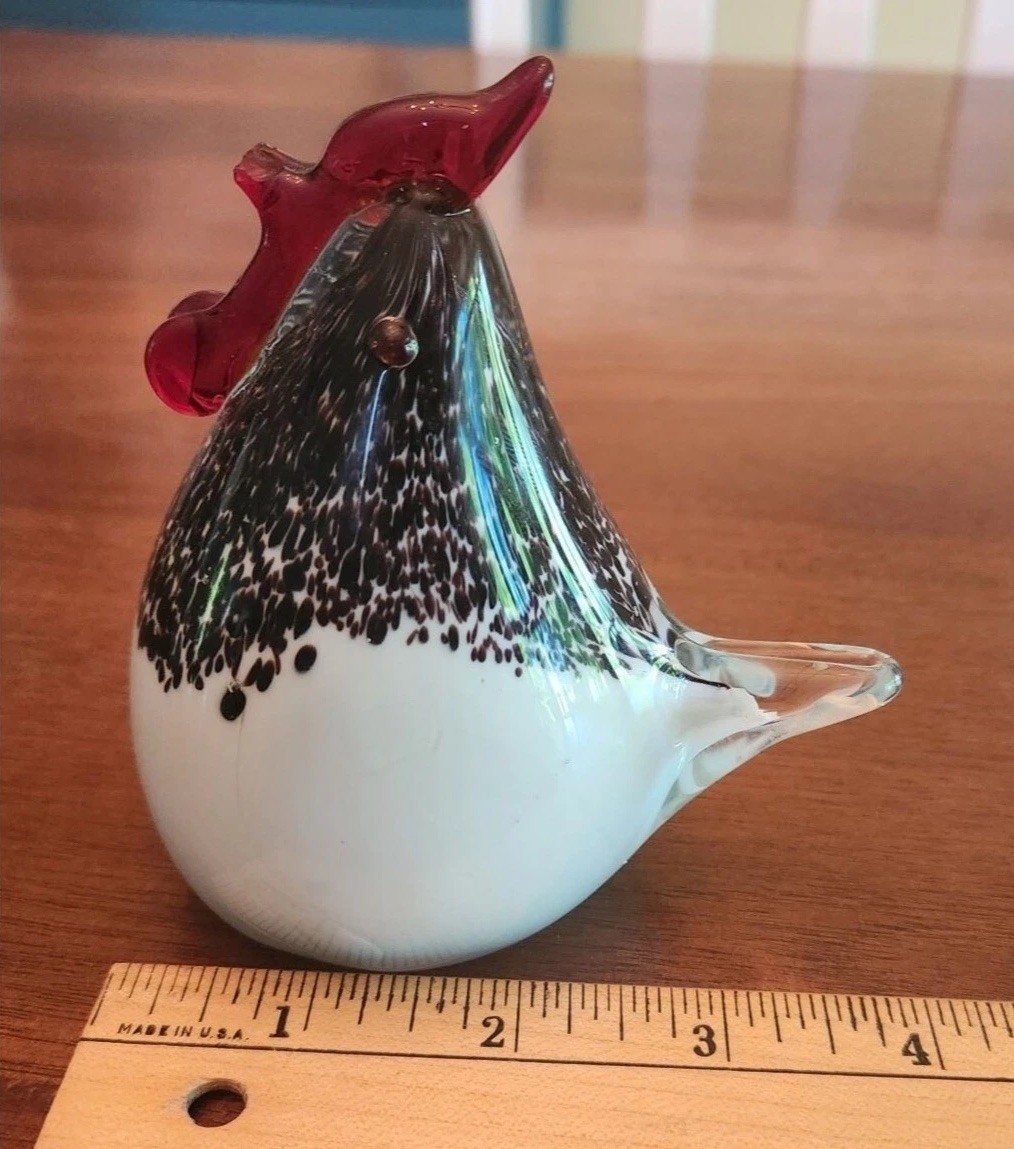 Glass Rooster Beautiful Art Paperweight Figurine White Black Red Read