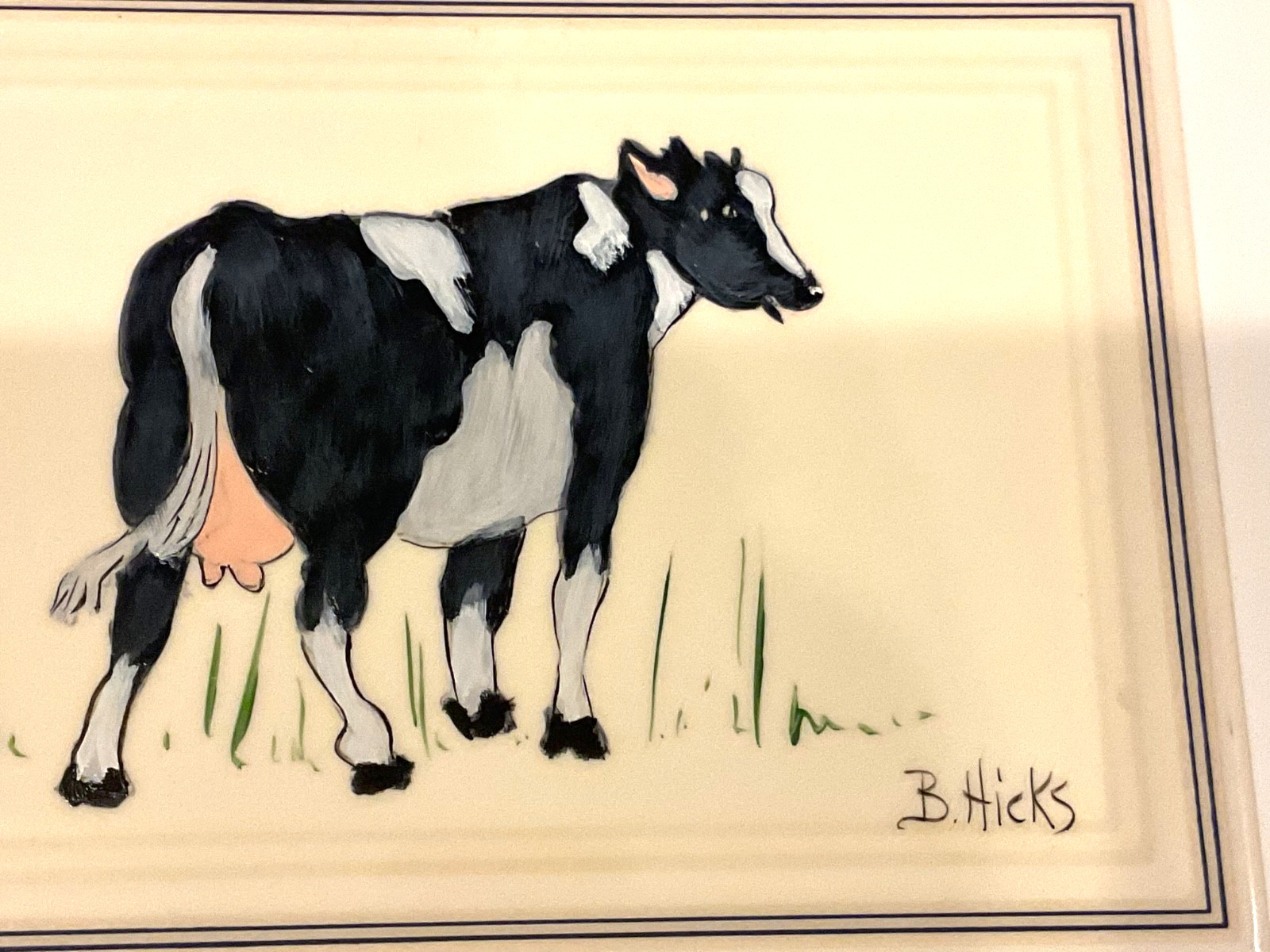 Vintage Clay Art Plaque Tile Farm Country Cow Signed B. Hicks