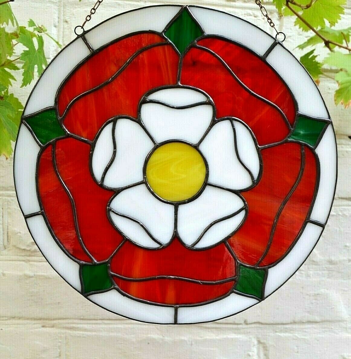 Tudor Rose Round Stained Glass Window Panel 10″
