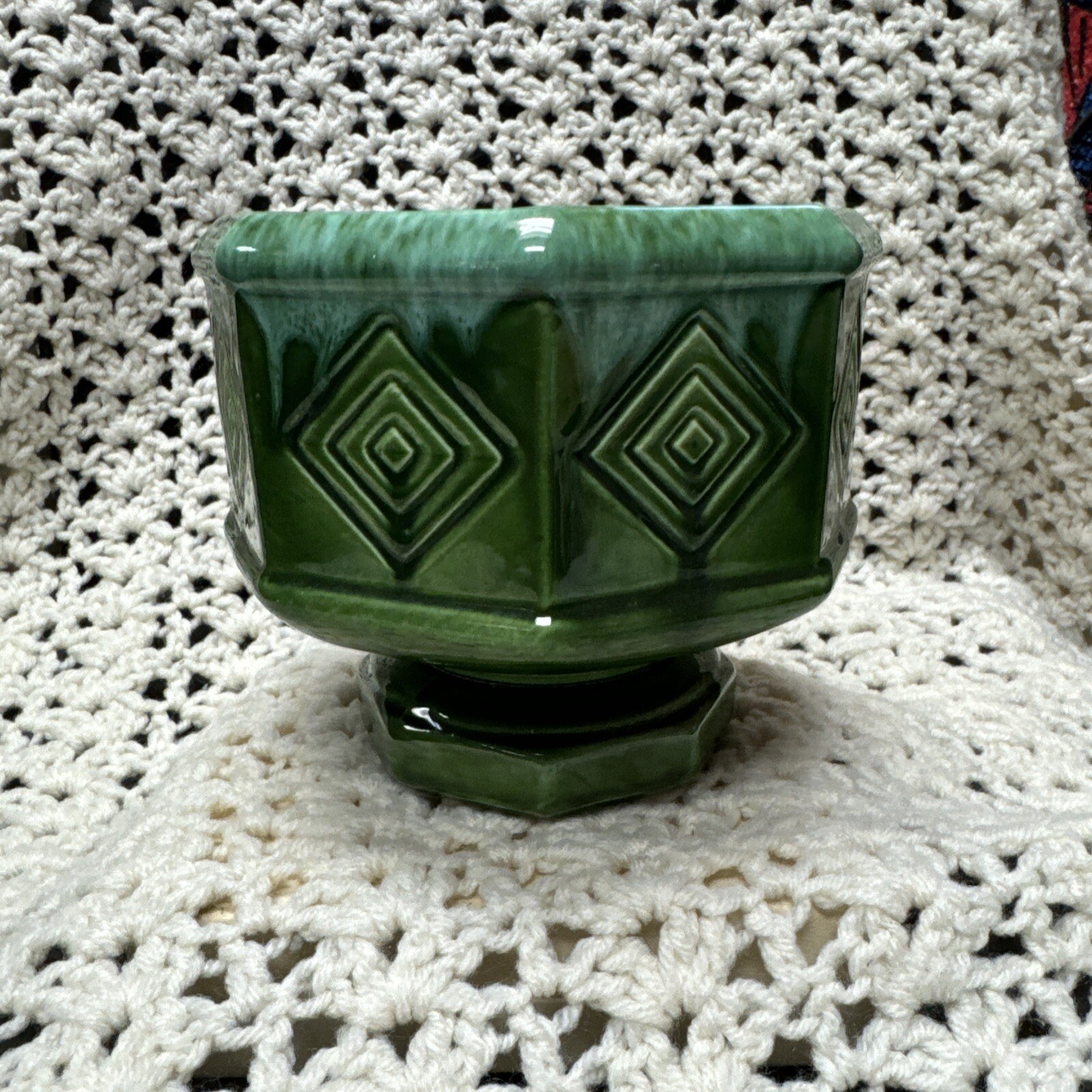 Vintage Hexagon Footed Planter Forest Green Drip Glaze MCM
