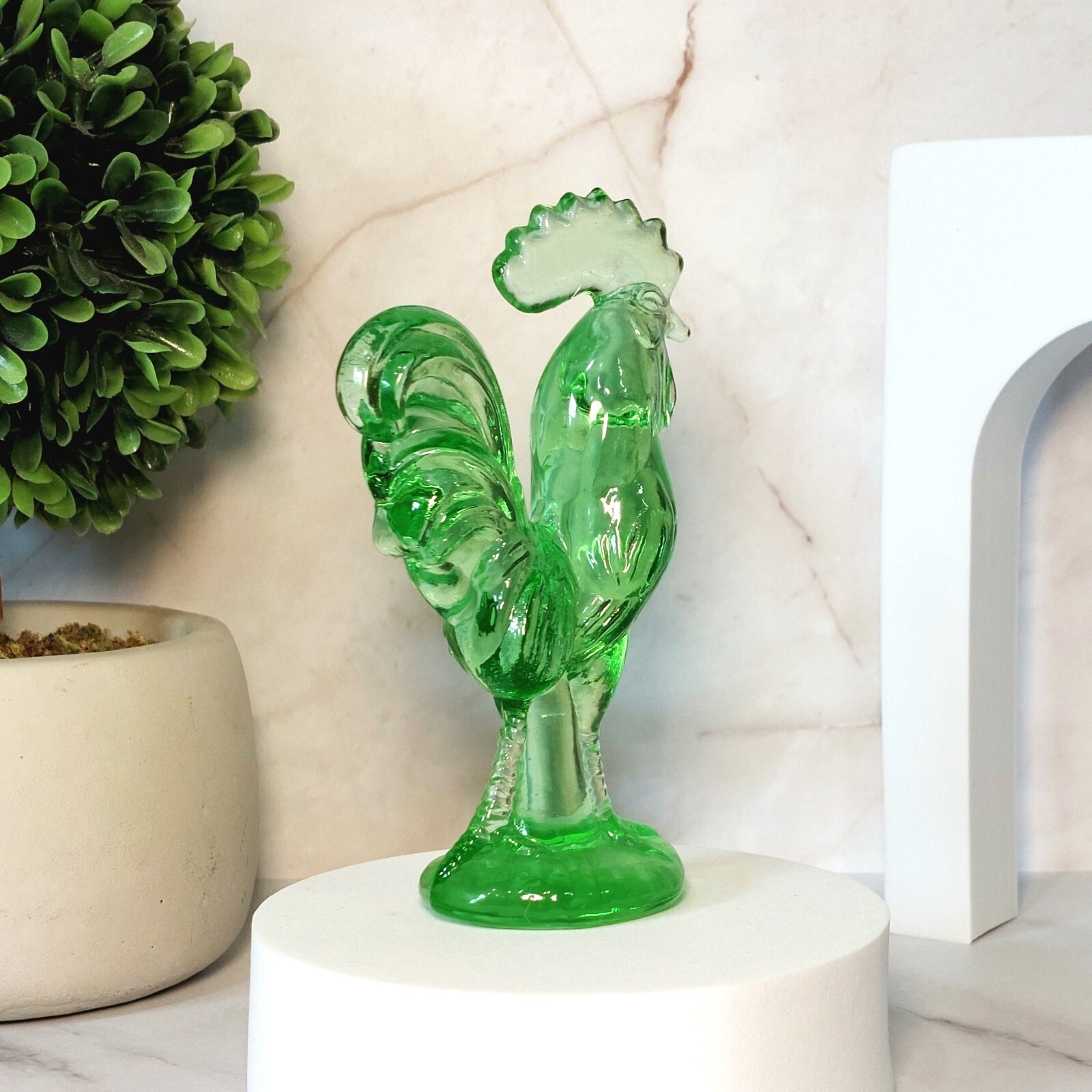Green Depression Style Glass Rooster Chicken Figurine, Farmhouse, Hen, VTG Style