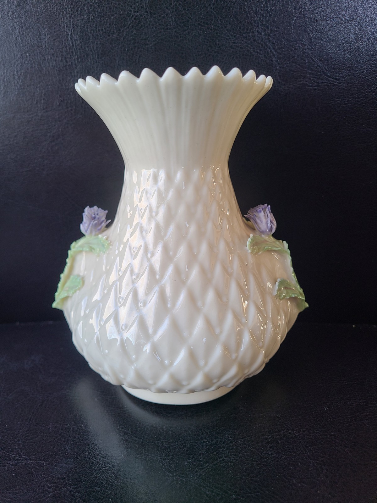 Vintage Belleek Purple Thistle Vase-Green Mark 1965-3/31/80 5.5″ tall
