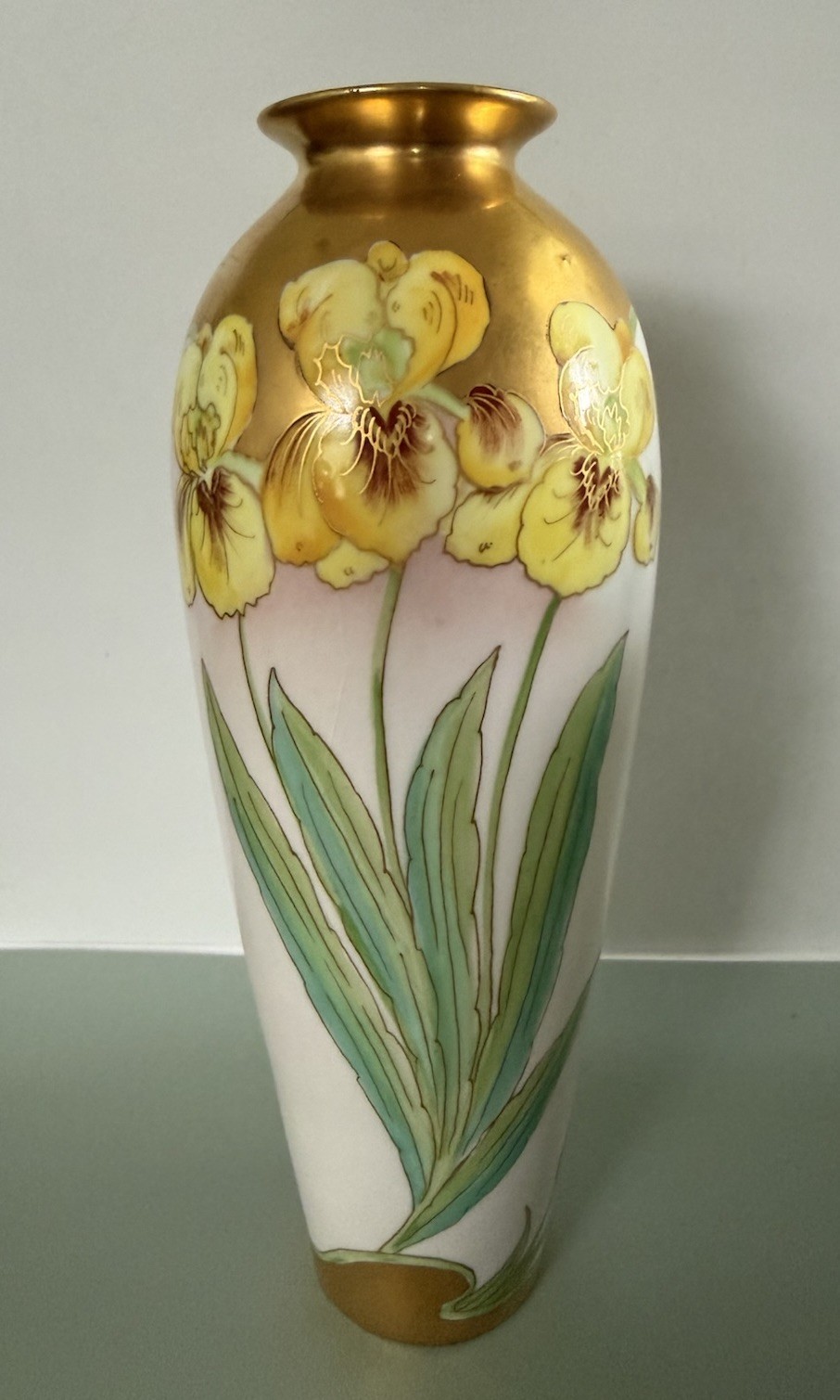 Antique Pickard Vase Art Nouveau Iris Floral and Gold Accents 9.5″ Signature
