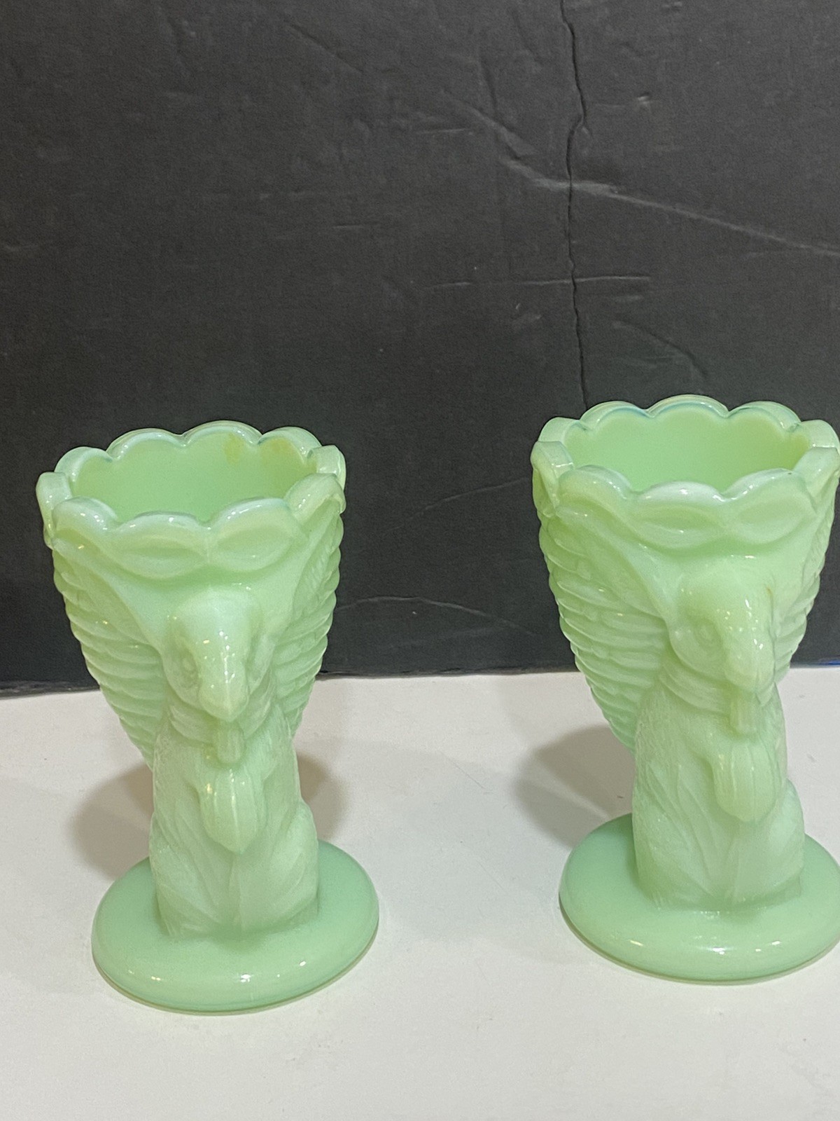 Pair Fenton Jadeite Green Glass Easter Bunny Egg Cups Basket Martha Stewart 3.5″
