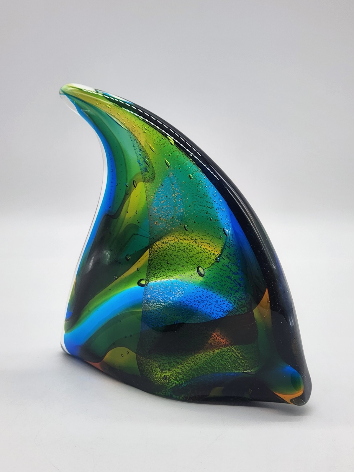 Art Glass Paperweight Fish Fin Blue, Green, Yellow 5.25″ x 5″