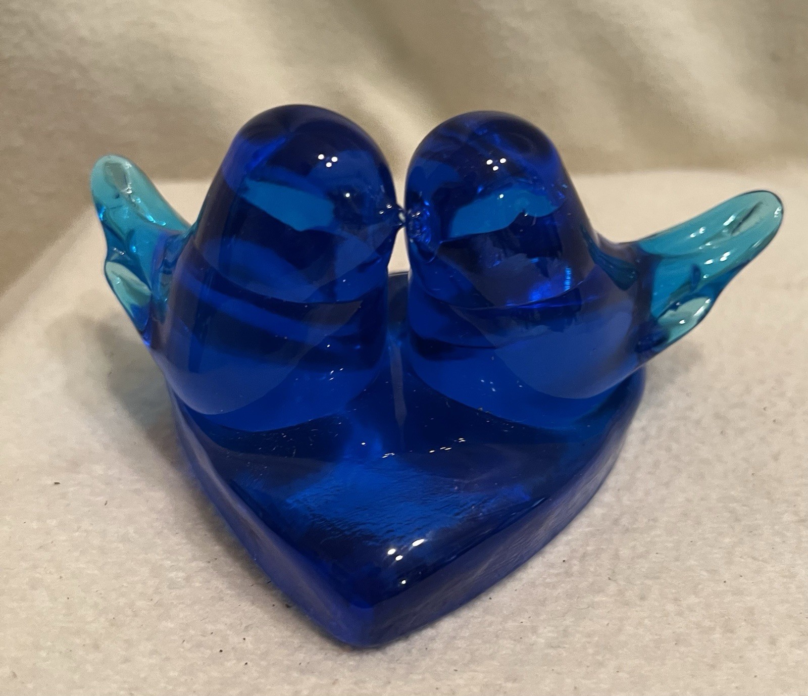 Vintage Cobalt Glass Blue Birds Of Happiness On Heart Signed Byron Hicks 1989