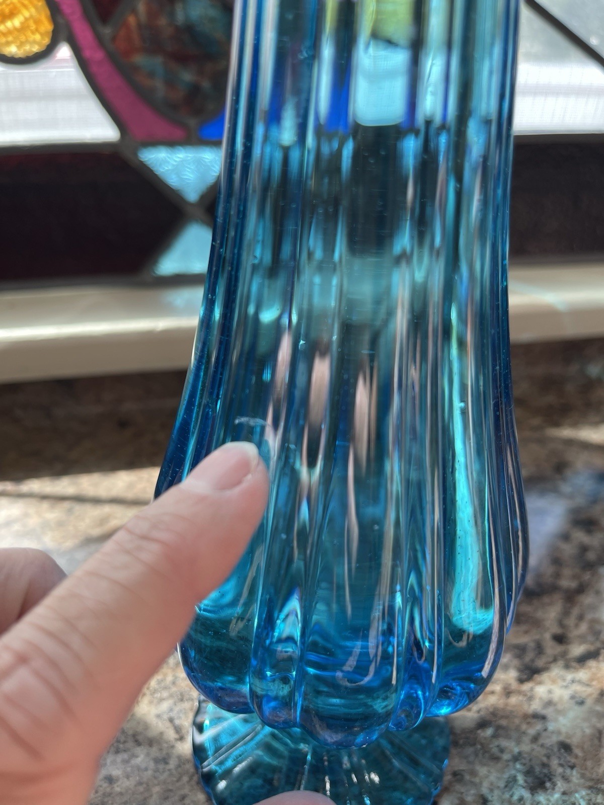 MCM LE Smith Peacock Blue Epic 6 Petal Swung Vase 15 3/10″ Tall Blue Pedestal