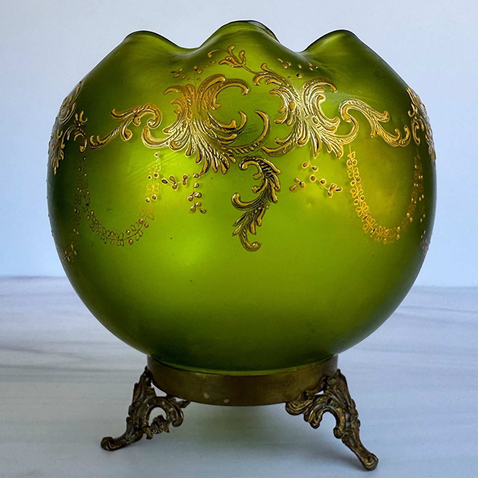 Antique Bohemian Moser Style Green Iridescent Art Glass Rose Bowl Gold Enamel