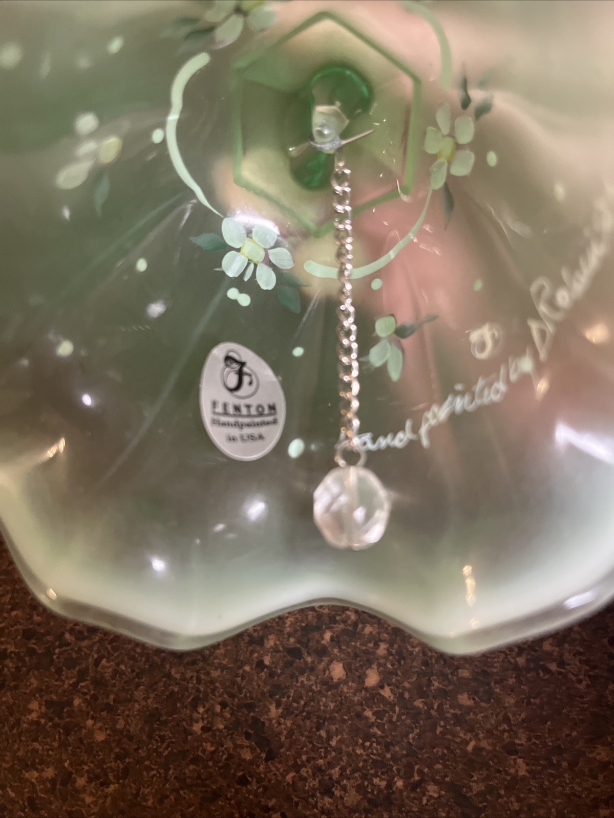 Fenton Dotted Swiss Willow Green Opalescent Satin Bell Signed 6”
