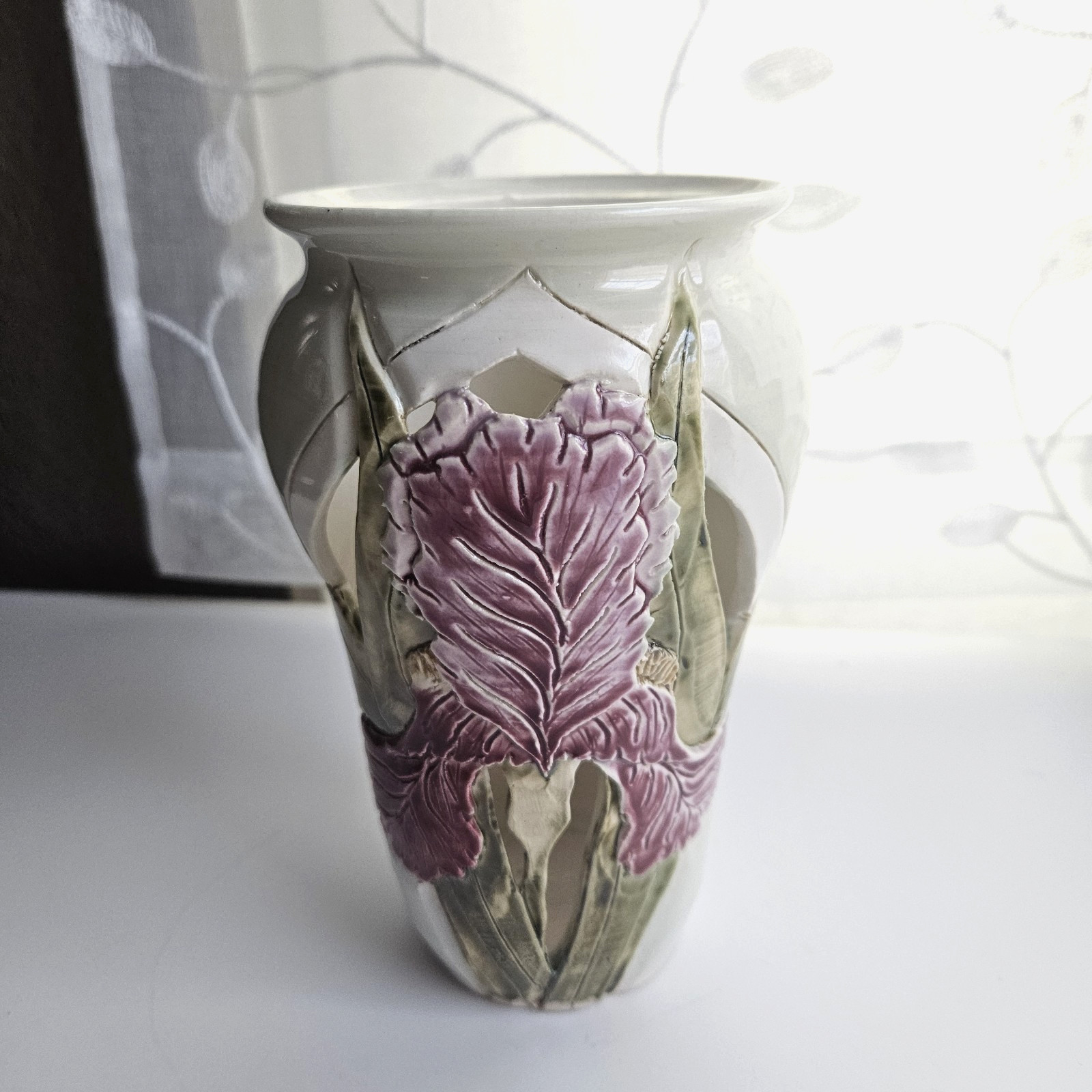 Vintage Majolica Vase Purple Iris Signed Studio Pottery