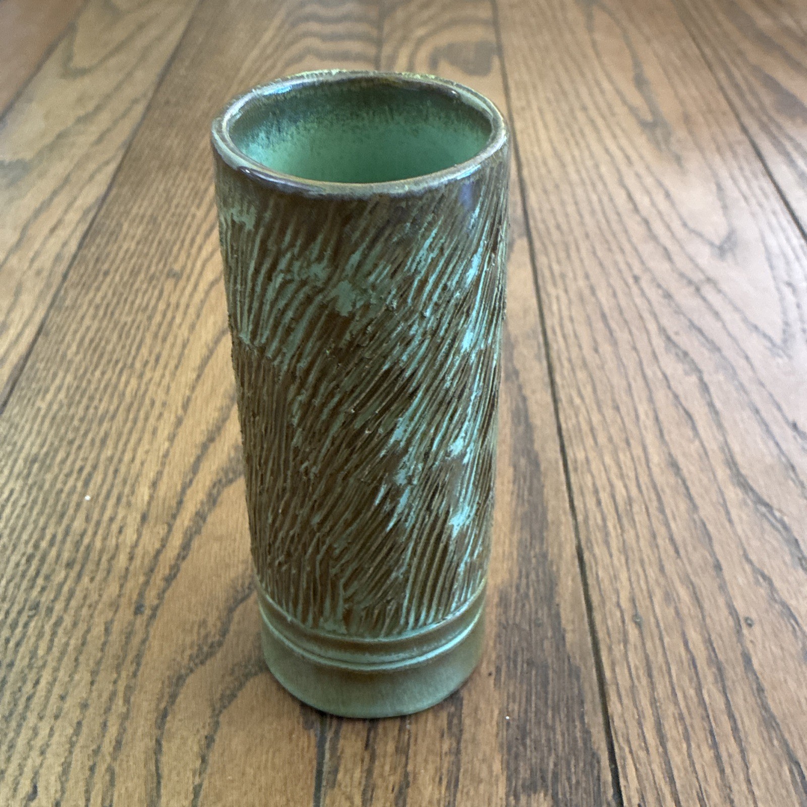 Vtg 1951-53 Frankoma Textured Log Vase-Ada Clay-6 Inches-#11-Prairie Green