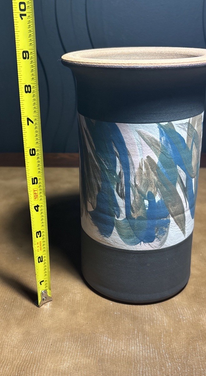Signed Studio Pottery Vase Matte Charcoal Abstract Brushstroke 8”
