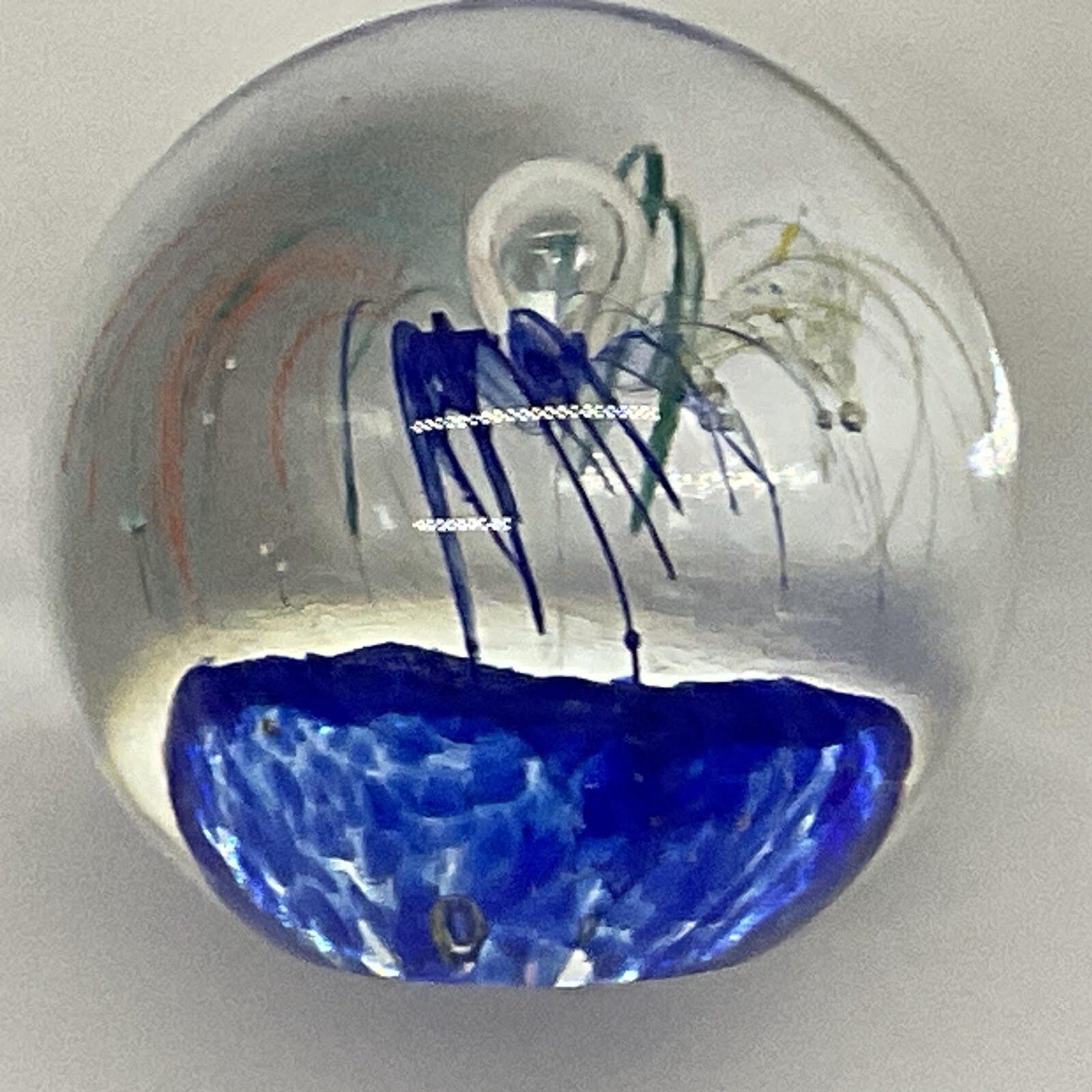 Glass Paperweight Blue Fountain With Blue, Green, Yelow And Orange 2×3