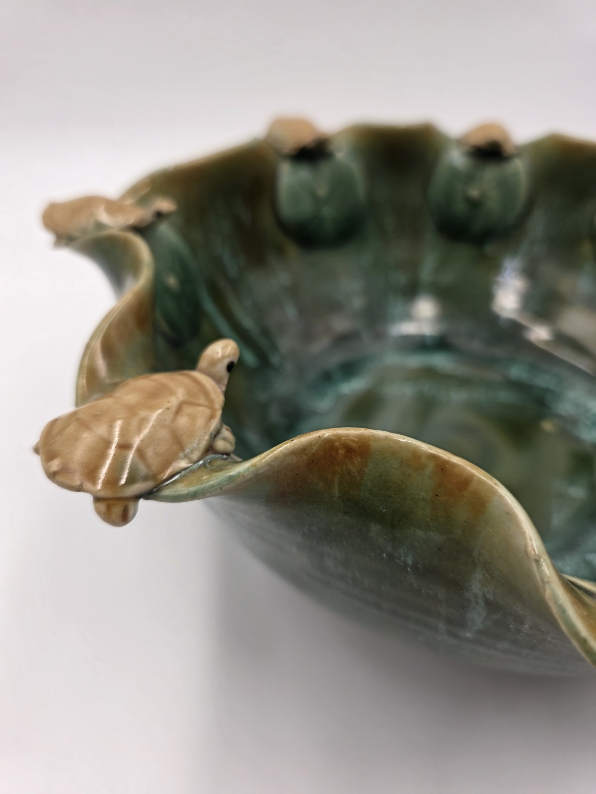 Large Majolica Fortune 13” Planter Bowl 8 Turtles on Lily Pads Galaxy Background