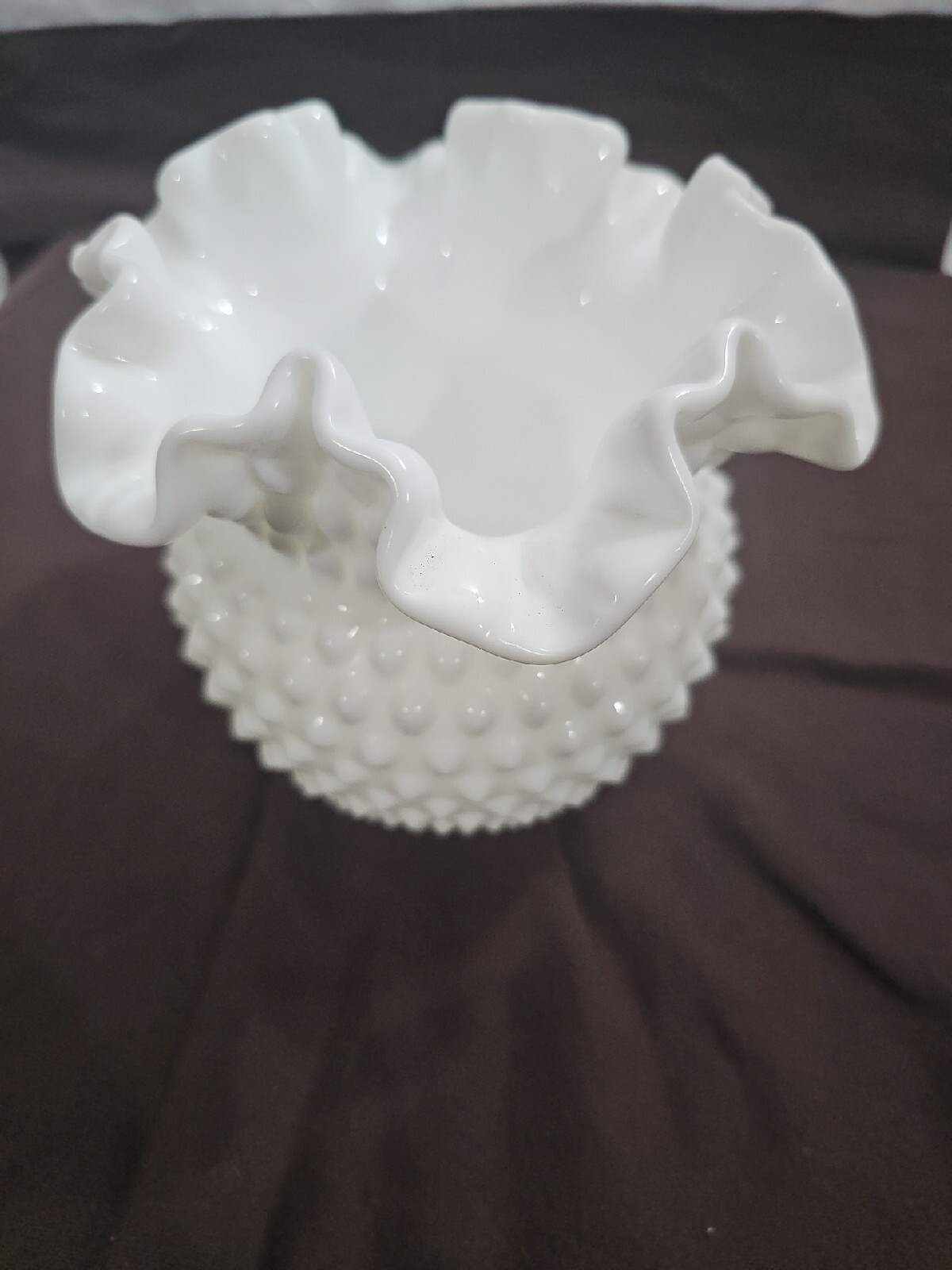 Vintage Fenton Hobnail Ruffled White Milk Glass Vase 5 inches Tall 6 Diameter