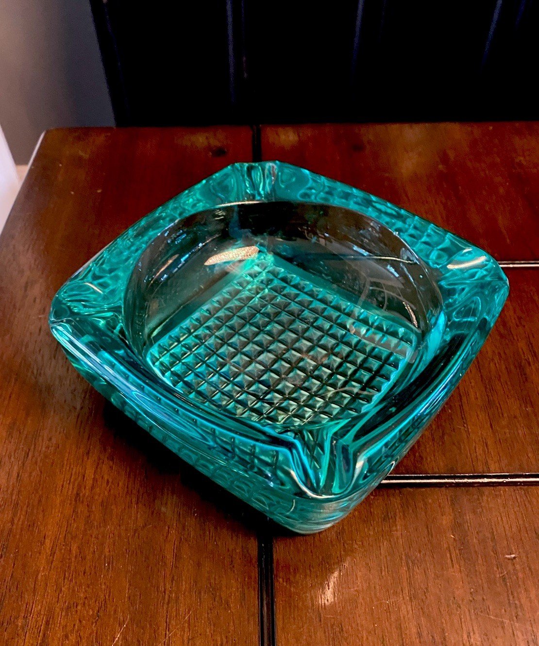 MCM Bohemian Czeh Large Heavy Teal Blue Art Glass Ashtray by Rudolf Jurnikl
