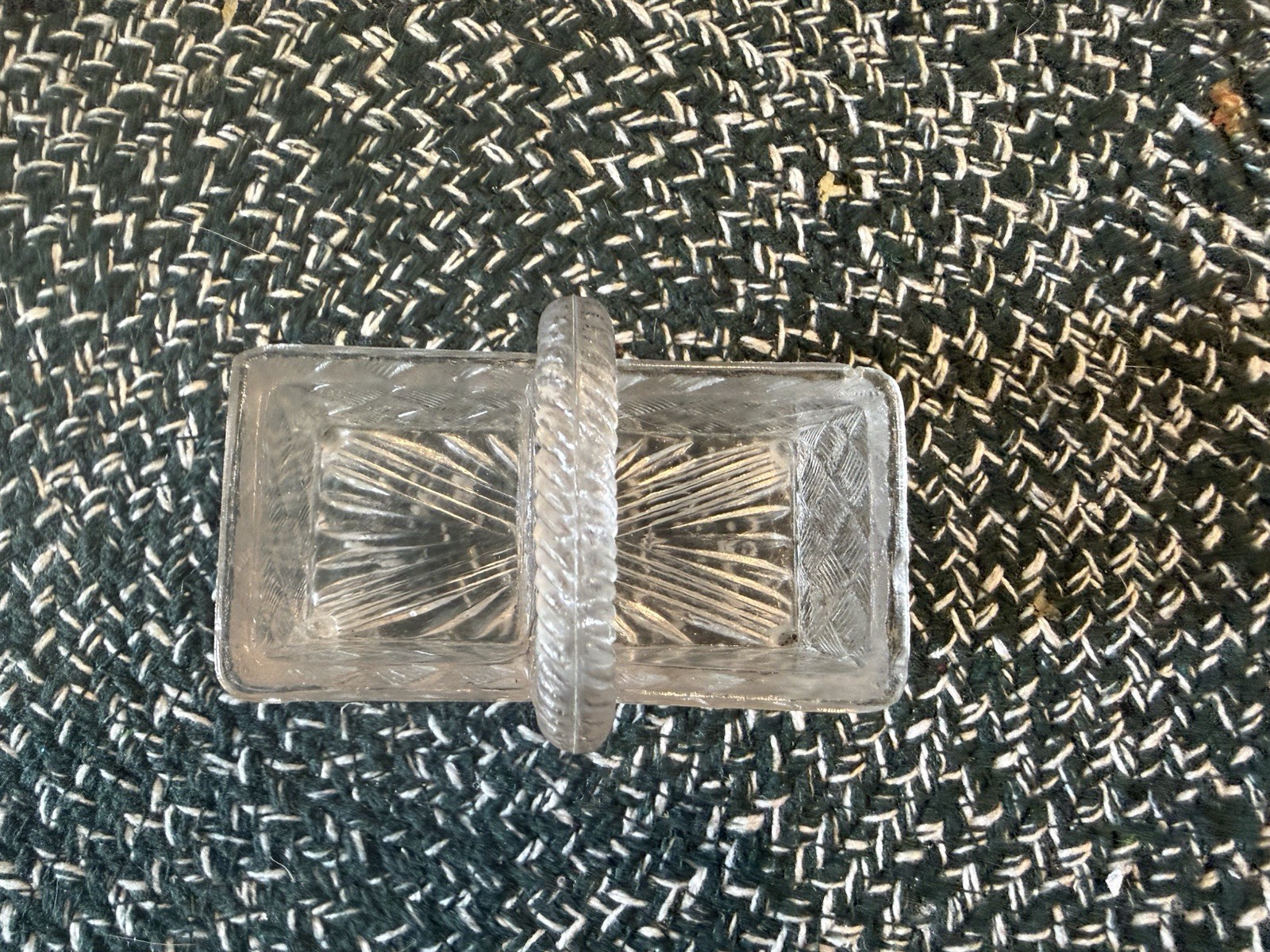 Vintage Clear Pressed Glass Basketweave Double Handled Condiment Basket Caddy