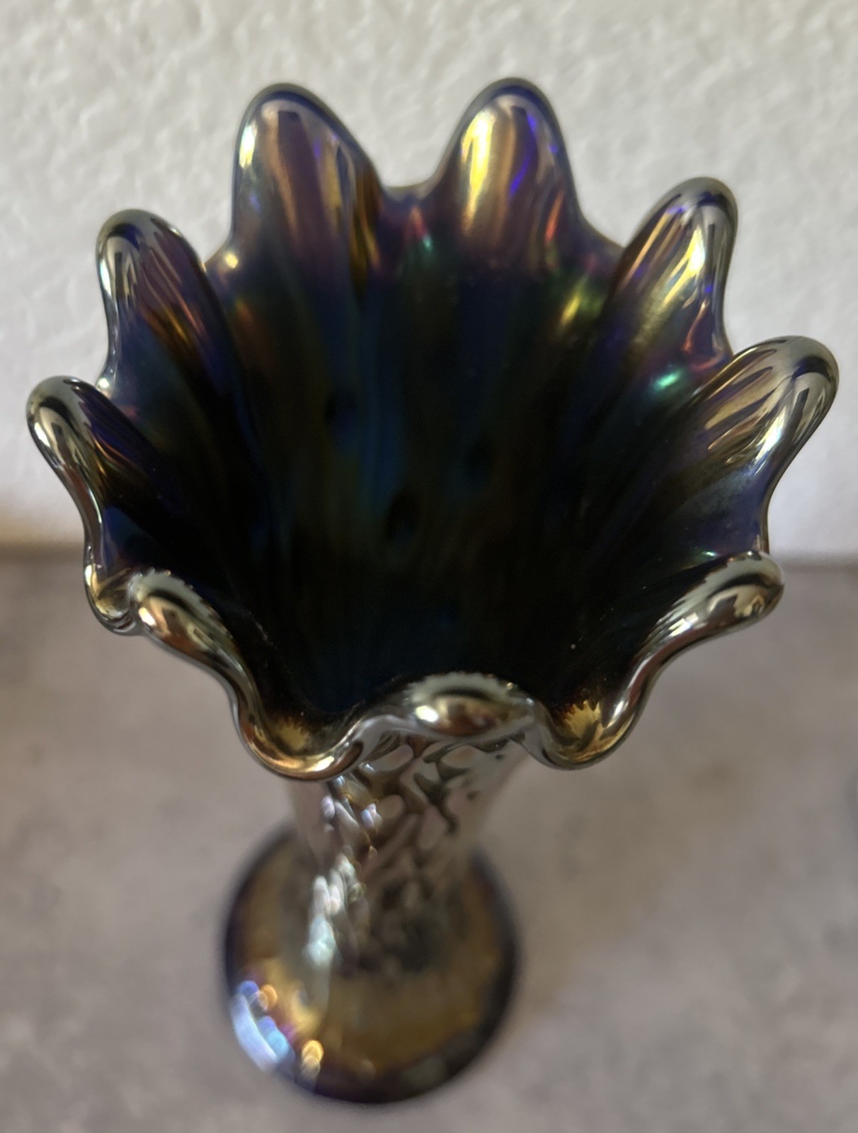 Vintage Northwood Tree Trunk Cobalt Blue Carnival Glass Swung Vase 11”