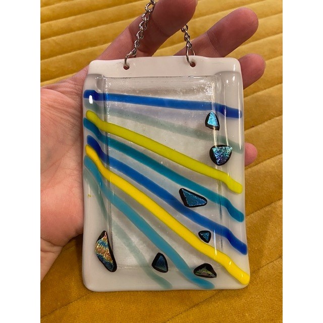 Fused Glass Suncatcher Abstract Yellow Blue Stripes Dichroic Glass Wall Hanging