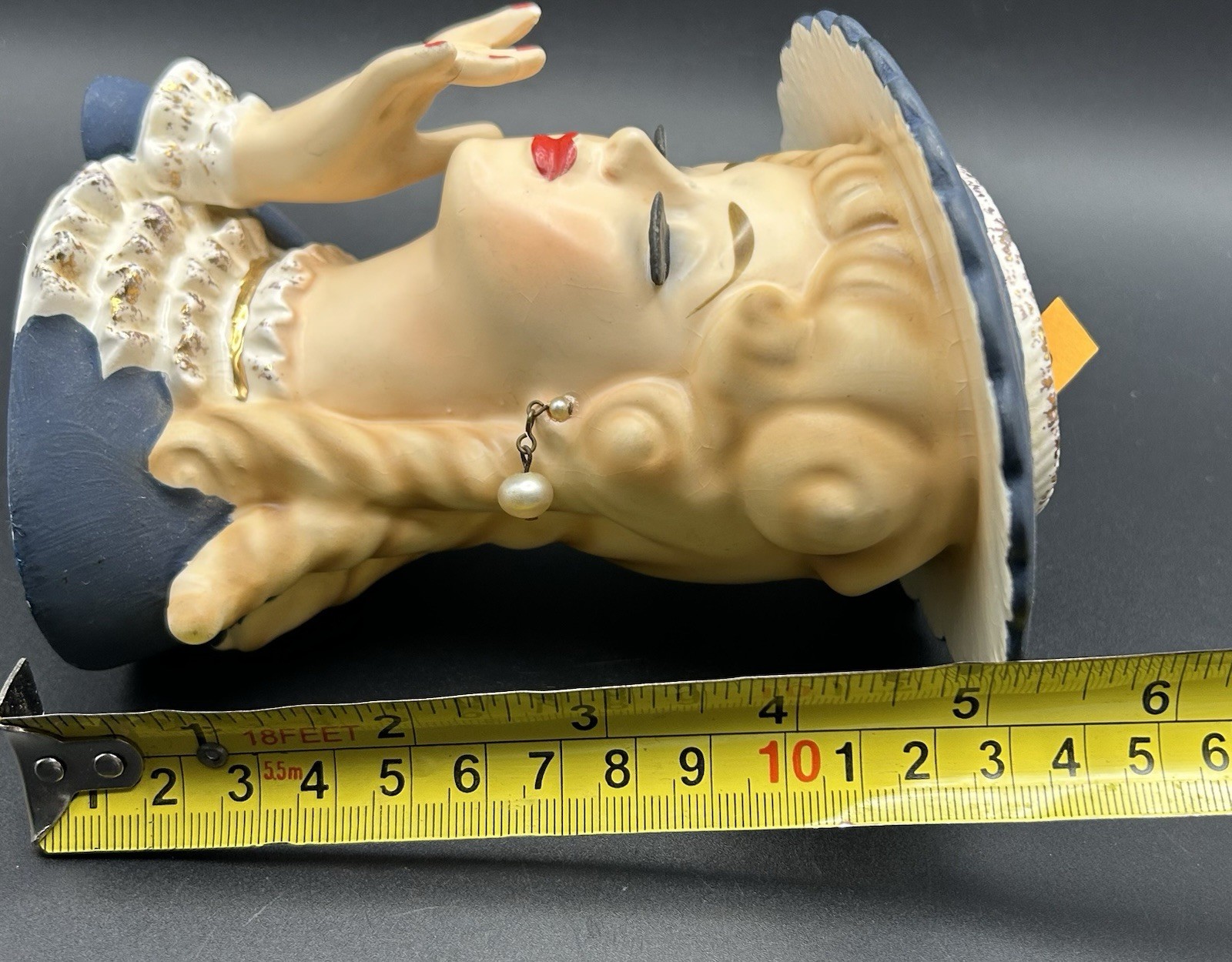 Napco Miss Kitty Lady Head Vase C6016 In Navy, Ruffles, Ringlets, Pearl Earrings