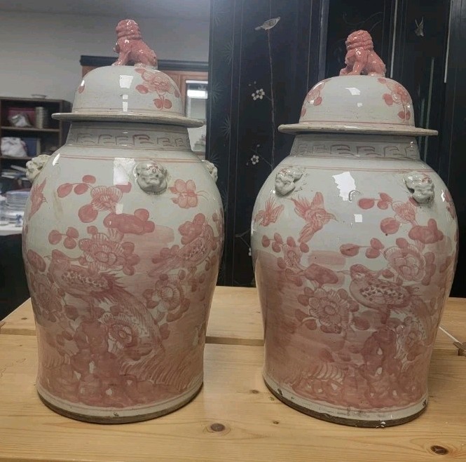 Vintage Reproduction Light Red Bird Warrior Porcelain Temple Jar-12” x 24”H