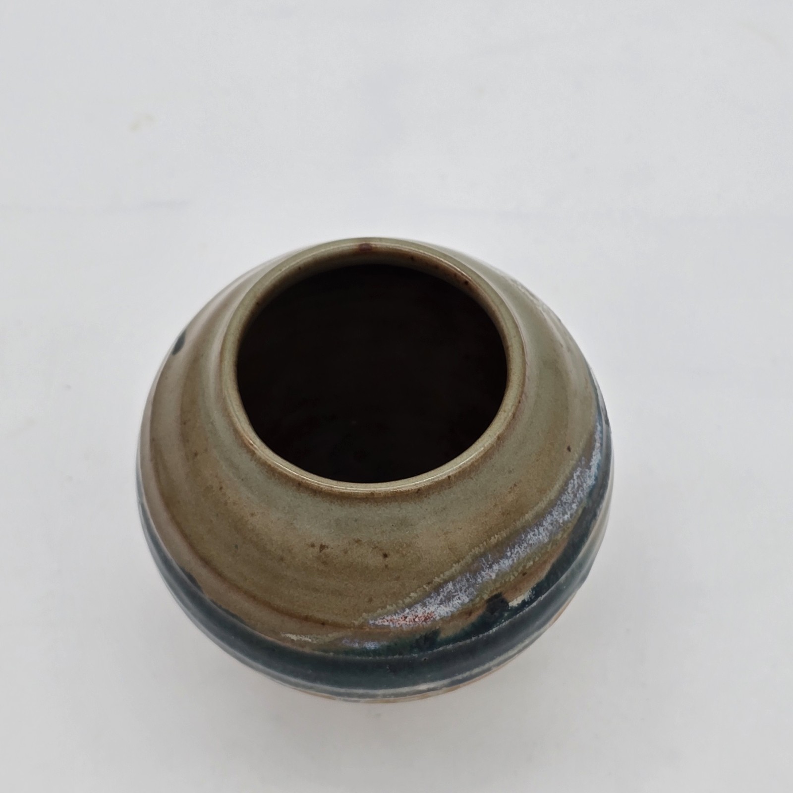 4″ Handcrafted Stoneware Vase Drip Glaze Green, Tan and Blue Signed