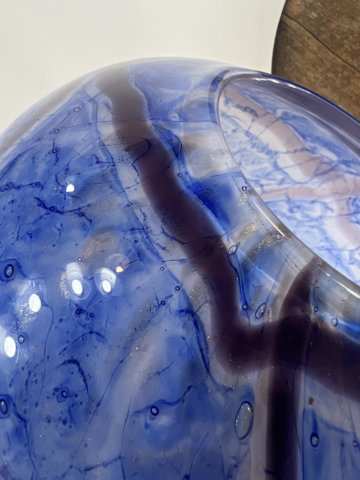 Large Vase Blue Mouth Blown Art Glass Sea Scape Gold Dust vintage 12.5″