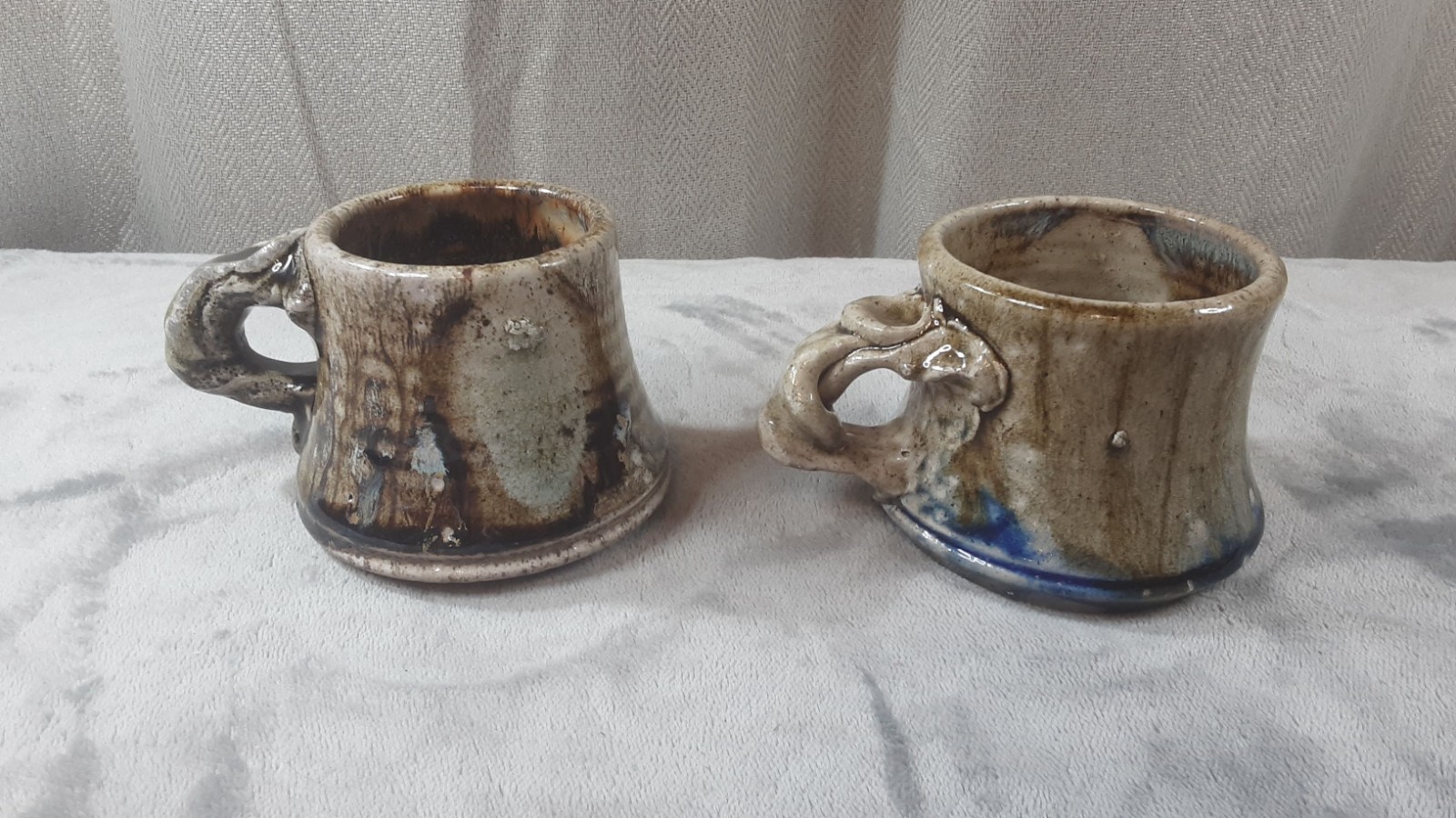 Signed Studio Pottery Mugs Hand Thrown Stoneware Pair Ash/Shino Glaze Vintage
