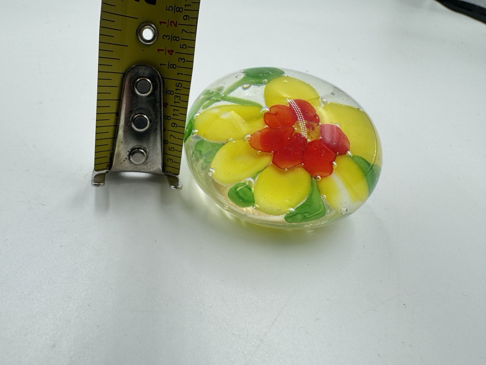 Vintage Orange Yellow Green Flower In Glass Paperweight Art Glass Decorative
