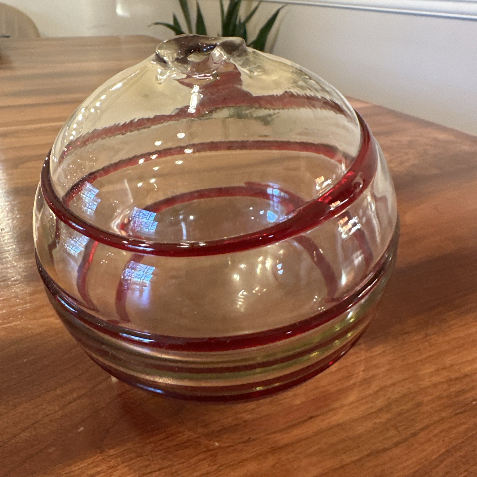 Hecho En Mexico Hand Blown Red Stripe On Clear Float 5” Diameter Glass Ball