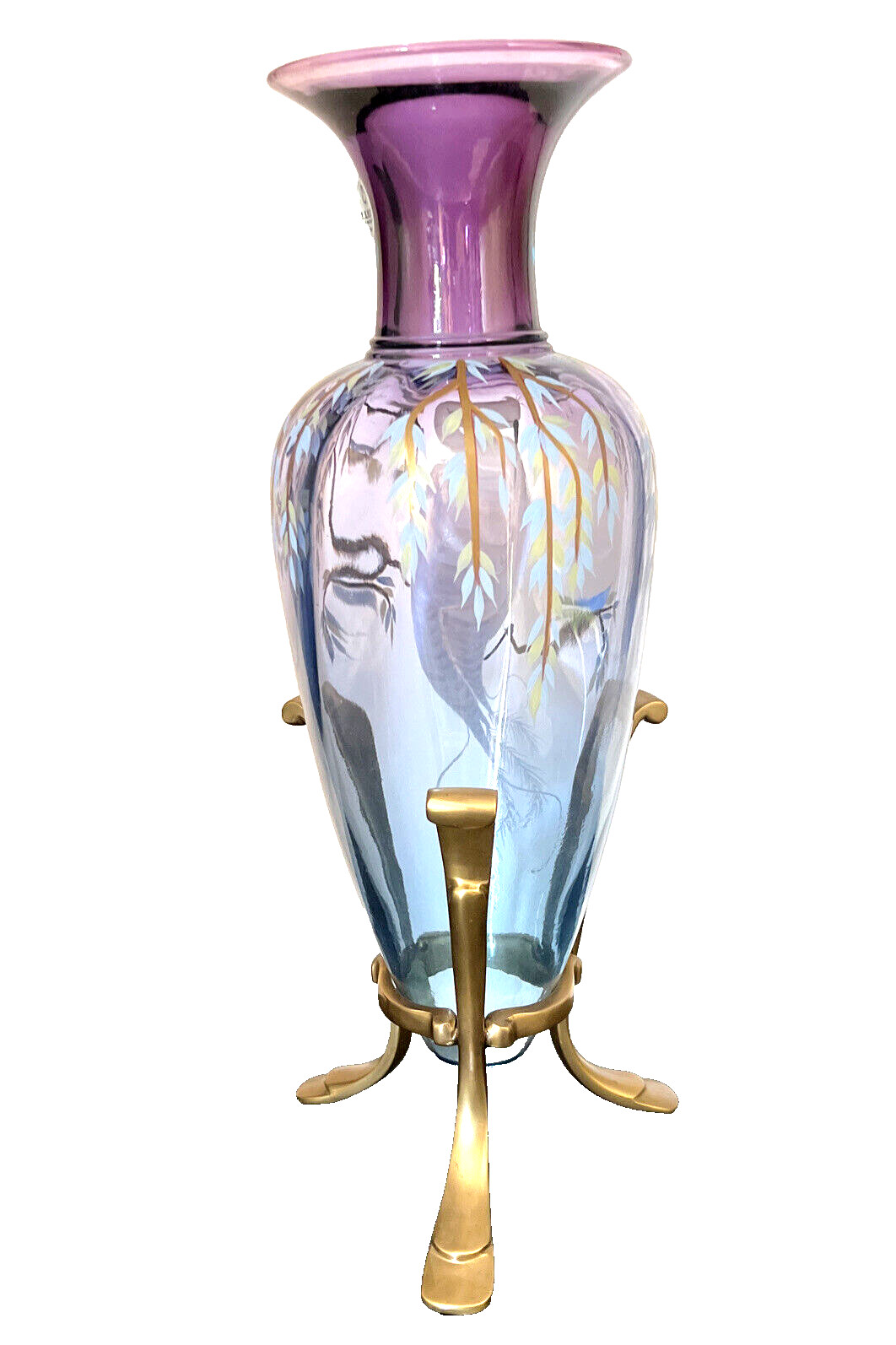Fenton Art Glass Mulberry Blue Mystical Bird Amphora Vase 14.5 inches Signed