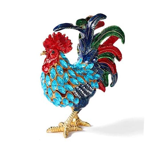 Rooster Trinket Boxes Hinged Enameled Jewelry Box Hand-Painted Animals Blue