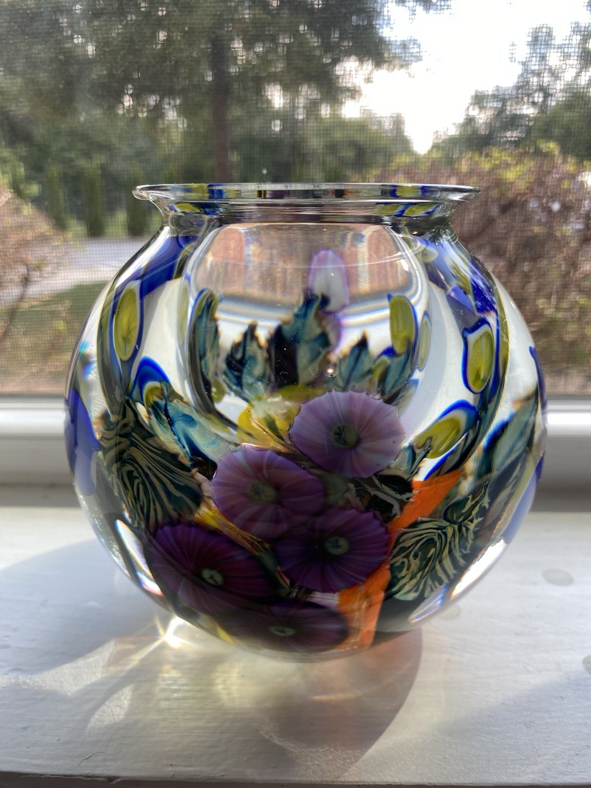 David Lotton Blown Glass Clematis & Hollyhock Organic Vase, 5×5 signed 2012