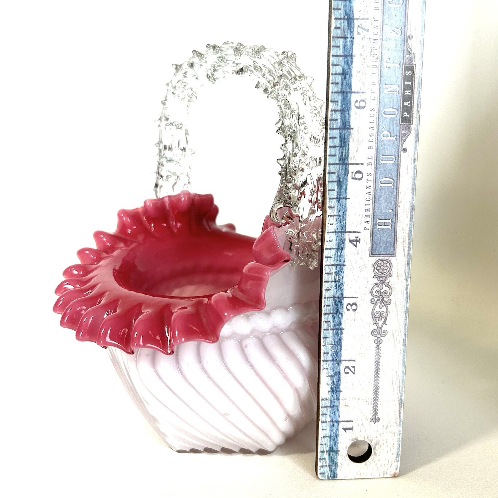 Antique Victorian Cranberry Art Glass Basket w Thorn Handle Ruffled Edge Hexagon