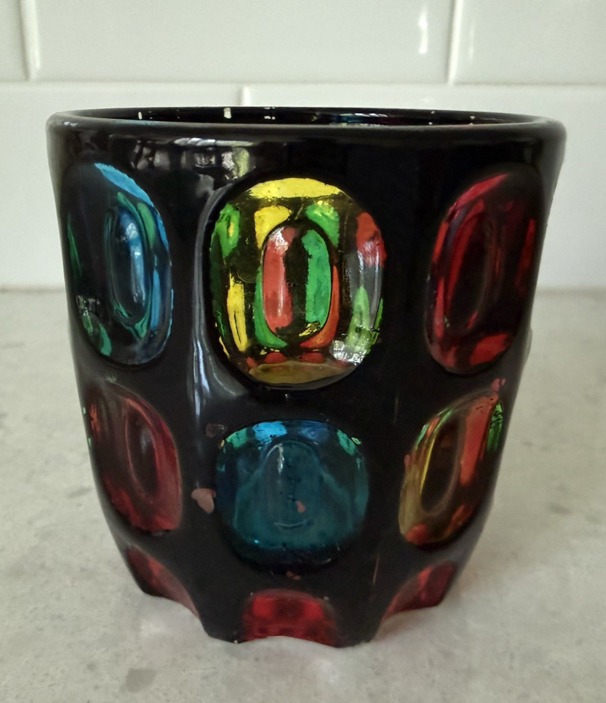 Vintage Japanese Bond Ware Glass Vase Votive Pressed Art Glass MCM Colorful
