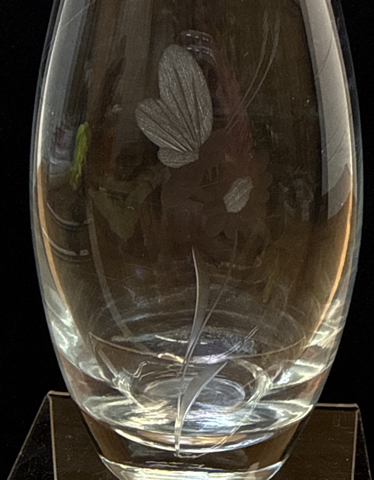Contemporary Clear Glass Vase Etched Butterfly Floral Design Heavy Base