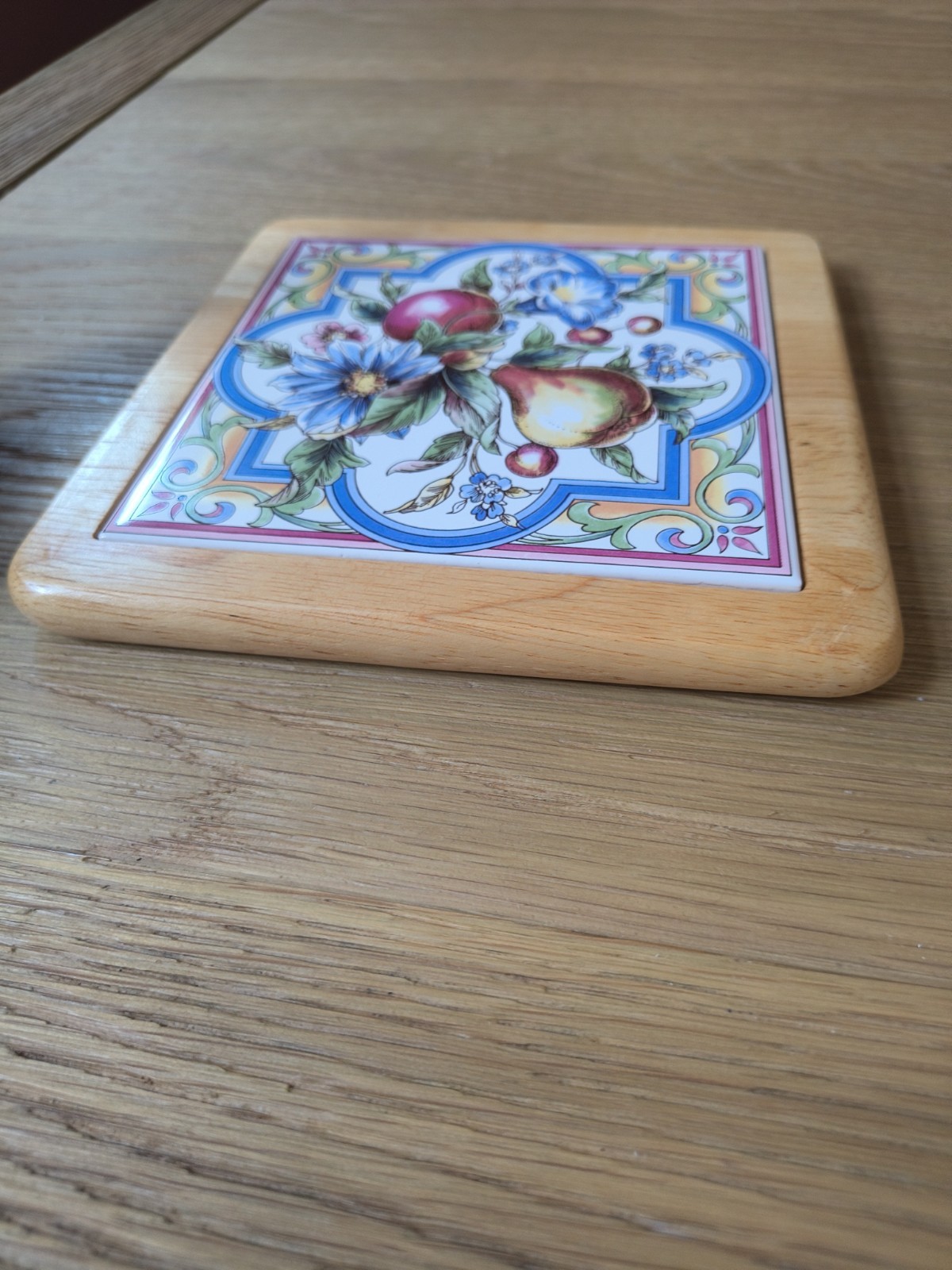 Vintage Ter Steege Holland Framed Ceramic Tile Plaque Trivet Fruit Floral 7 3/8″