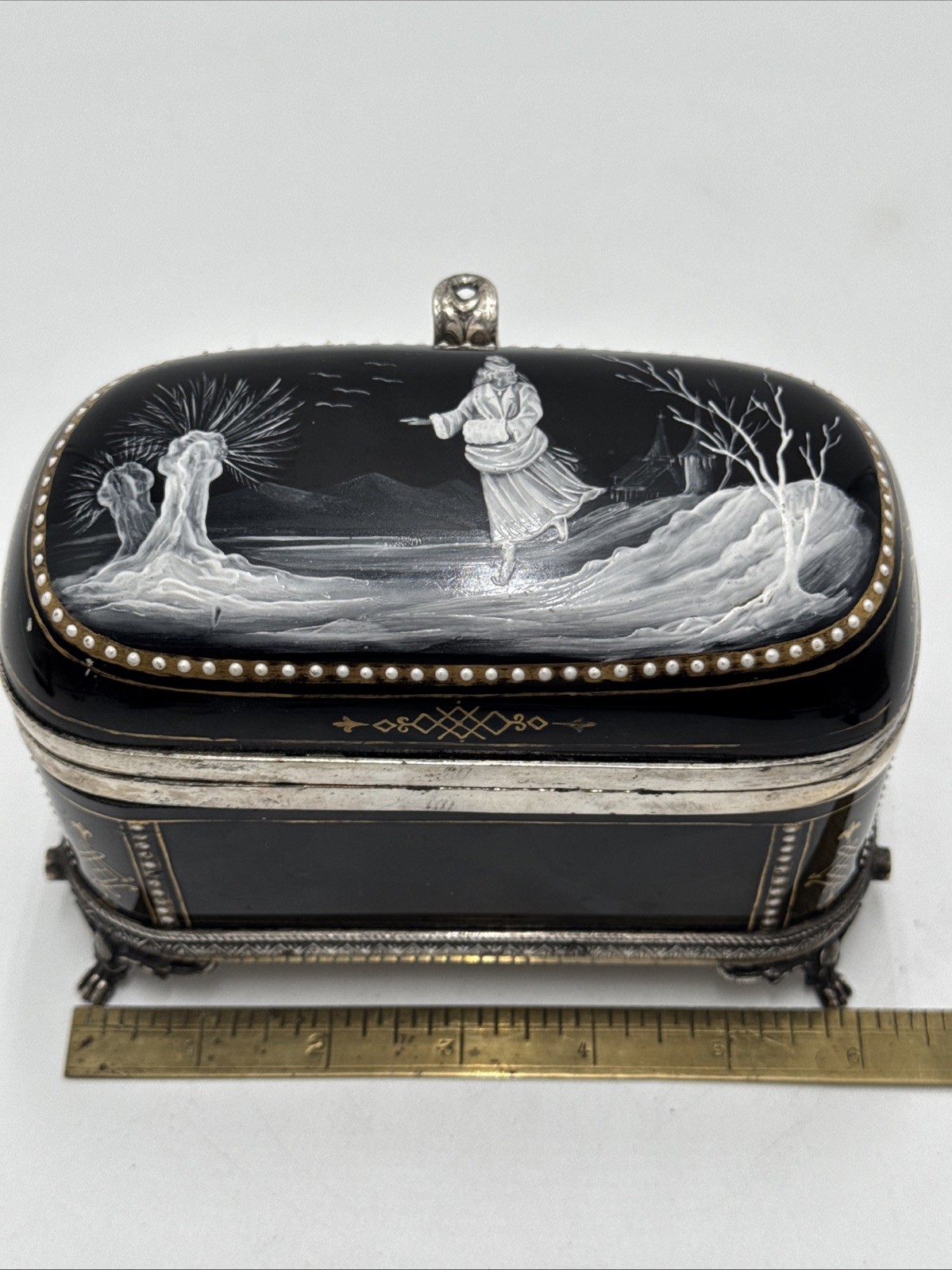 Black Opaline Glass Mary Gregory Wilcox SilverPlate Hinged Casket Box-As Found