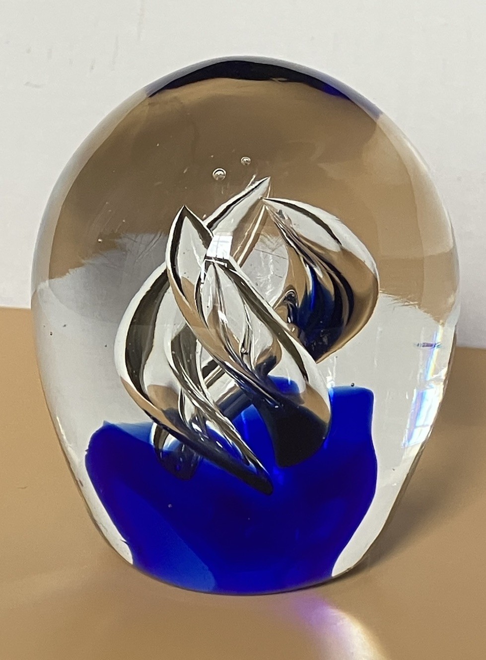 Cobalt Blue And Clear Swirl Glass Paperweight 4 X 3.5 Inches