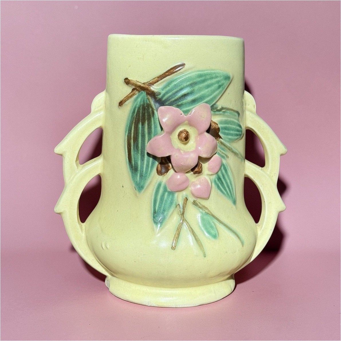 Ceramic Vase Yellow Pink Green Floral Botanical Glossy Decorative Pottery